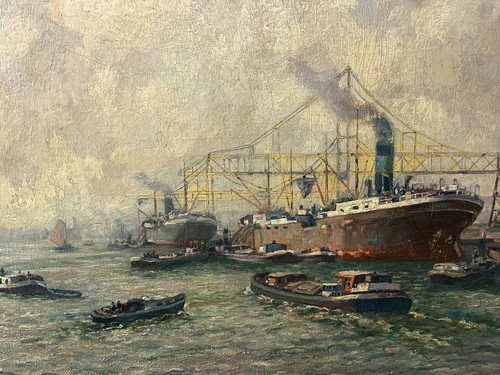 Dipinto olio porto paesaggio