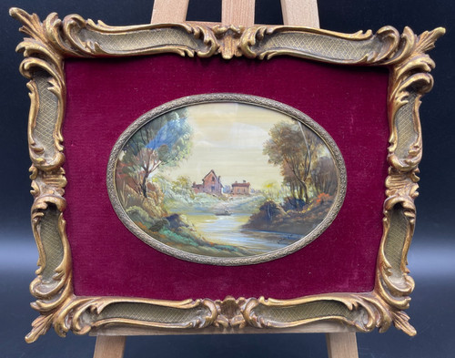 Quadro ovale paesaggio borgo - ovale,